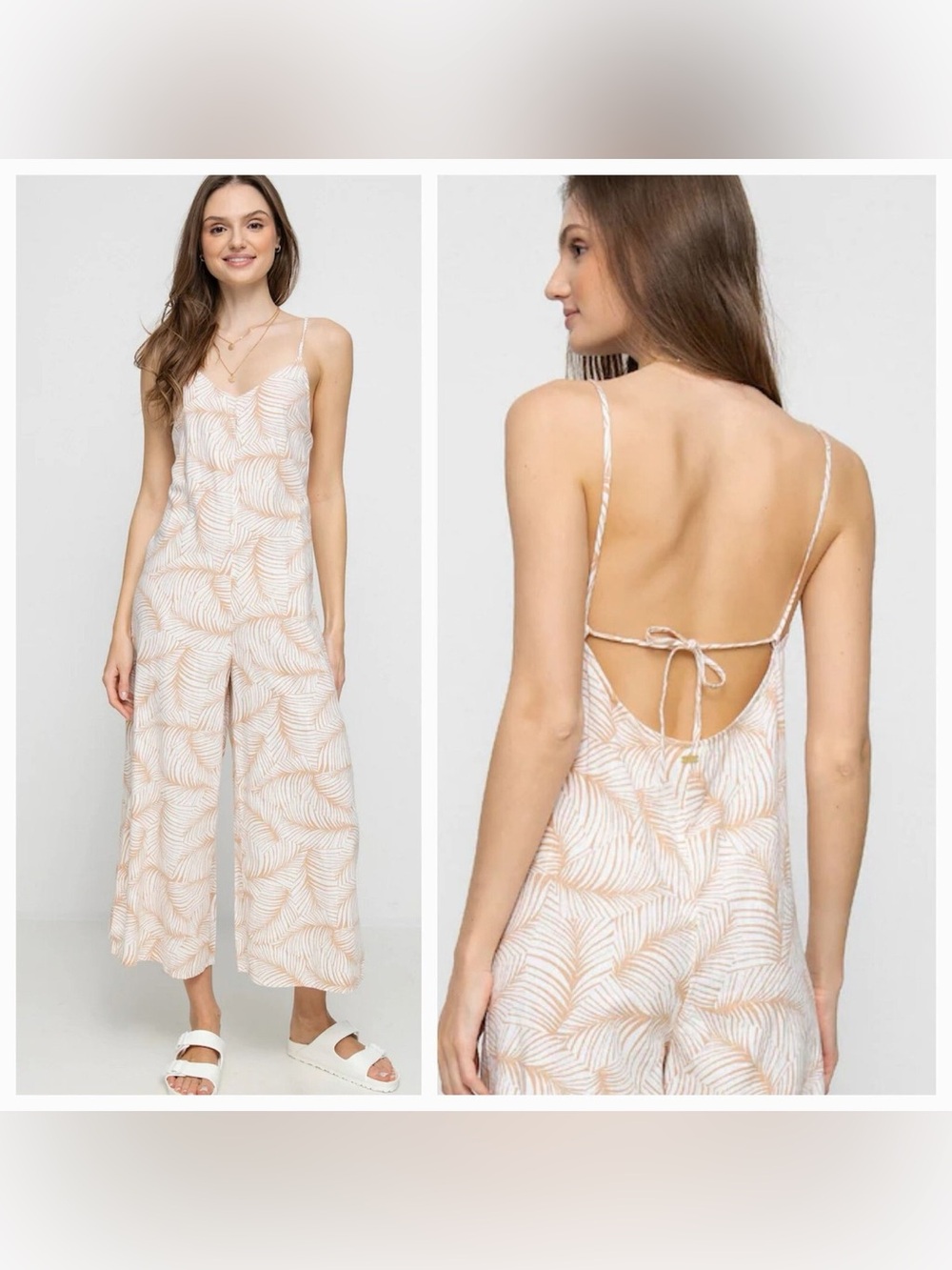 Roxy Close To You Palm Print Cream Jumpsuit Light Orange Leaf Print Small